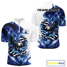 Load image into Gallery viewer, Front and back white and blue men’s bowling quarter zip shirt mockup featuring eagle graphics, bowling elements, and flowing flag inspired artwork.