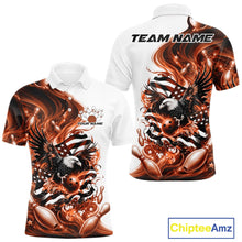 Load image into Gallery viewer, Front and back white and orange men’s bowling polo shirt mockup with eagle artwork, bowling elements, and flowing American flag inspired graphics.
