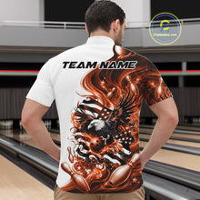 Load image into Gallery viewer, Male model front view at the bowling lane wearing a white and orange bowling quarter zip shirt with eagle artwork and flag inspired accents.