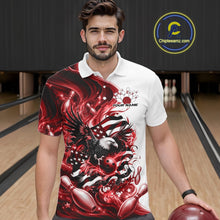 Load image into Gallery viewer, Front view of a male model in a bowling lane wearing a white and red bowling polo shirt with eagle artwork and flowing flag inspired graphics.
