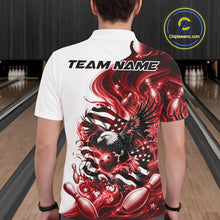 Load image into Gallery viewer, Back view male model at a bowling lane wearing a white and red bowling polo shirt with eagle artwork and flowing flag inspired graphics.