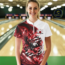 Load image into Gallery viewer, Female model front view at a bowling lane wearing a white and red quarter zip shirt with eagle graphics and flowing American flag inspired artwork.