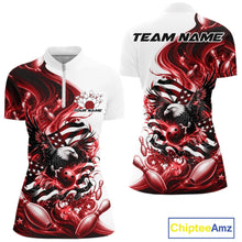 Load image into Gallery viewer, Front and back white and red women’s bowling quarter zip mockup featuring eagle artwork, bowling elements, and flowing flag inspired graphics.