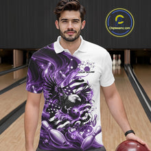 Load image into Gallery viewer, Male model front view in a bowling lane wearing a white and purple bowling polo shirt with eagle artwork and flowing flag inspired accents.