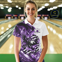 Load image into Gallery viewer, Front view female model at the bowling lane wearing a white and purple bowling polo shirt with eagle artwork and flag inspired graphics.