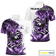Load image into Gallery viewer, Front and back white and purple men’s bowling polo shirt mockup featuring eagle graphics, bowling elements, and flowing flag inspired artwork.