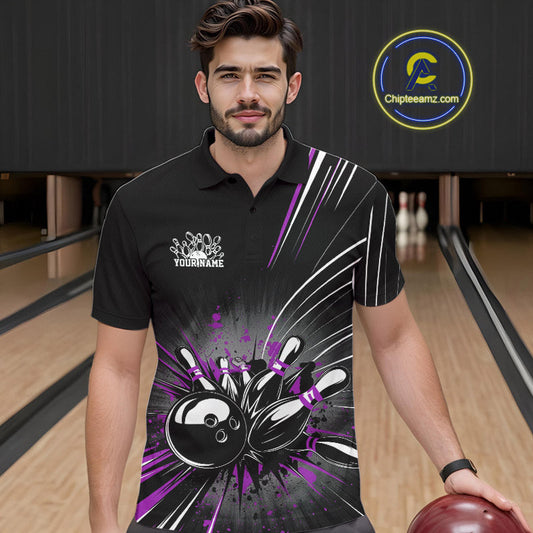 Custom Black And Purple Grunge Bowling Team Jerseys, Men Bowling Polo Shirts IPHW9622