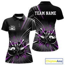 Load image into Gallery viewer, Custom Black And Purple Grunge Bowling Team Jerseys, Women Bowling Polo Shirts IPHW9622