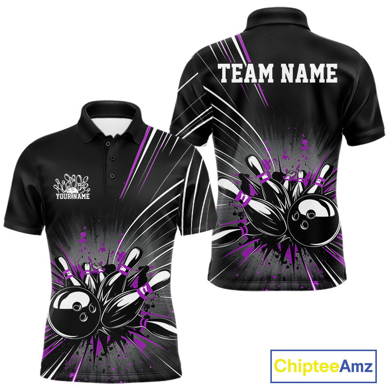 Custom Black And Purple Grunge Bowling Team Jerseys, Men Bowling Polo Shirts IPHW9622
