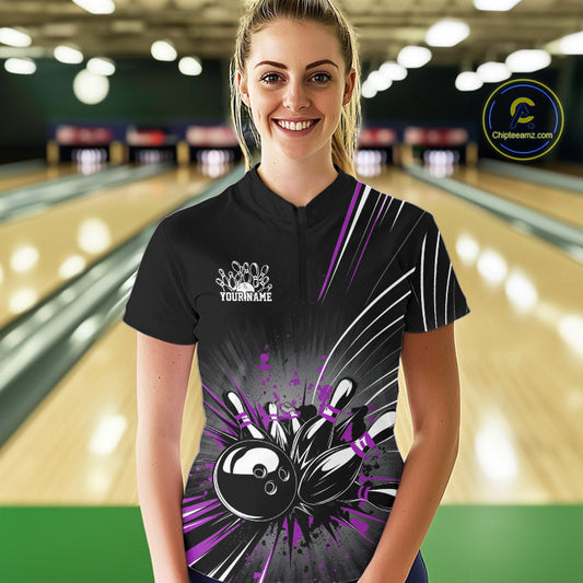 Custom Black And Purple Grunge Bowling Team Jerseys, Women Bowling Quarter-Zip Shirts IPHW9622