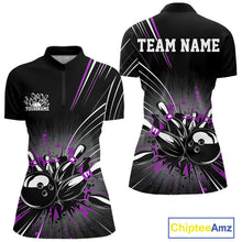 Load image into Gallery viewer, Custom Black And Purple Grunge Bowling Team Jerseys, Women Bowling Quarter-Zip Shirts IPHW9622