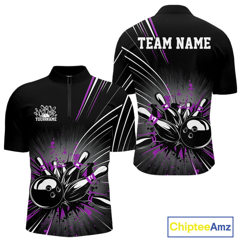 Custom Black And Purple Grunge Bowling Team Jerseys, Men Bowling Quarter-Zip Shirts IPHW9622