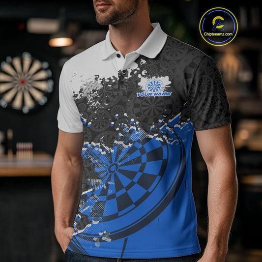 Custom Black And Blue Dartboard Dart Team Men Polo Shirt, Dartboard Pattern Dart Jerseys IPHW9988