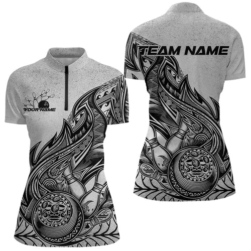 Custom Grunge Black And Gray Tribal Flame Polynesian Bowling Team Womens Quarter-Zip Shirts IPHW8804