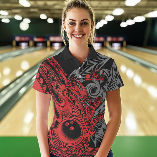 Custom Black And Red Flame Tribal Polynesian Bowling Women Polo Shirt, Bowling Team Uniform IPHW8807