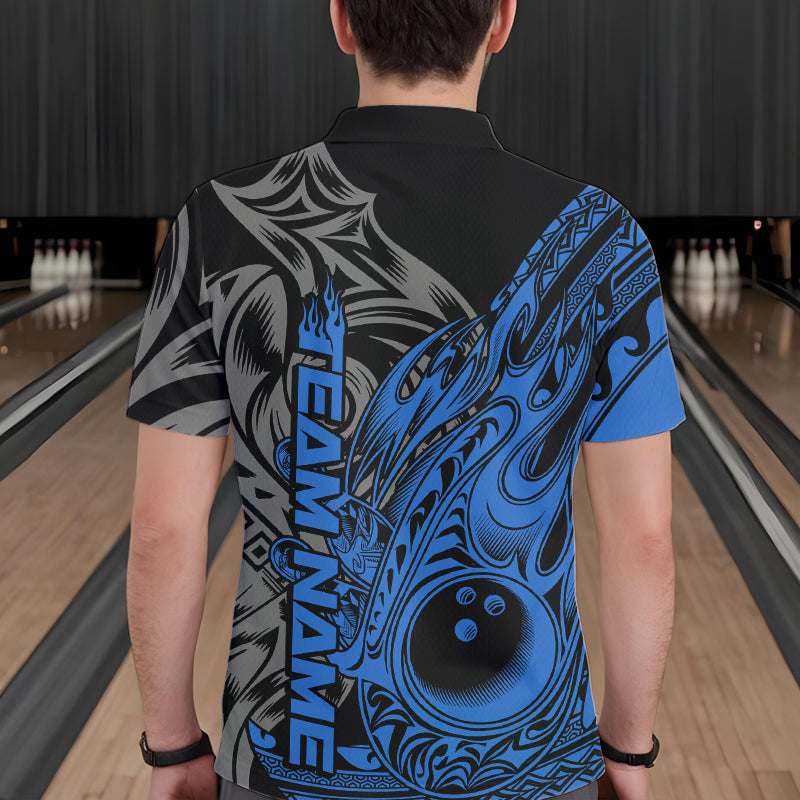 Custom Black And Blue Flame Tribal Polynesian Bowling Men Polo Shirts, Bowling Team Uniform IPHW8808