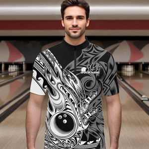 Custom Black And White Flame Tribal Polynesian Bowling Men Quarter-Zip Shirts, Bowling Team Uniform IPHW8809