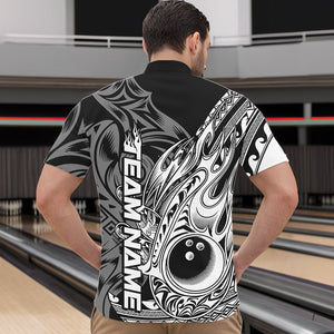 Custom Black And White Flame Tribal Polynesian Bowling Men Quarter-Zip Shirts, Bowling Team Uniform IPHW8809