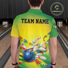 Load image into Gallery viewer, Male model at a bowling lane, back view of green and yellow polo shirt showcasing autism puzzle bowling ball and pins artwork