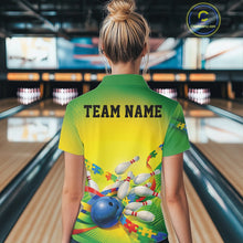 Load image into Gallery viewer, Female model at a bowling lane, back view of green and yellow polo shirt featuring autism puzzle bowling ball and pins graphics