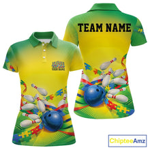 Load image into Gallery viewer, Women’s polo shirt mockup front and back featuring autism puzzle bowling ball and pins artwork in green and yellow color scheme