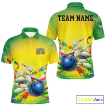 Load image into Gallery viewer, Men’s bowling polo shirt mockup front and back showing autism puzzle bowling ball and pins design in green and yellow color scheme