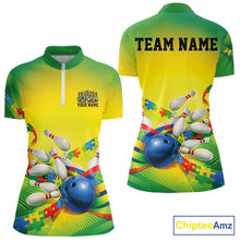 Load image into Gallery viewer, Front and back view of a women’s quarter-zip bowling shirt mockup in green and yellow, featuring autism puzzle bowling ball and pins design.