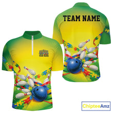 Load image into Gallery viewer, Front and back view of a men’s quarter-zip bowling shirt mockup in green and yellow, featuring autism puzzle bowling ball and pins design.