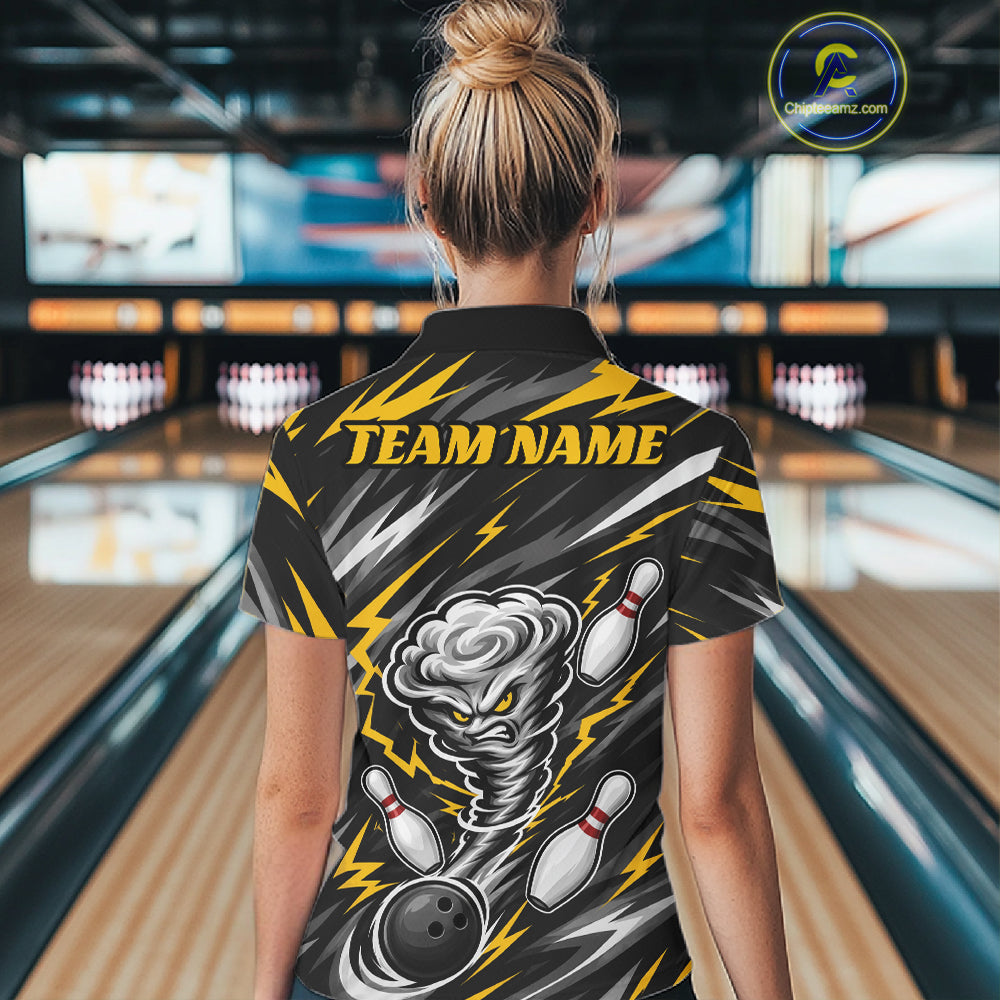 Custom Black And Yellow Storm Thunnder Lightning Bolts Bowling Team Women Polo Shirt IPHW11805