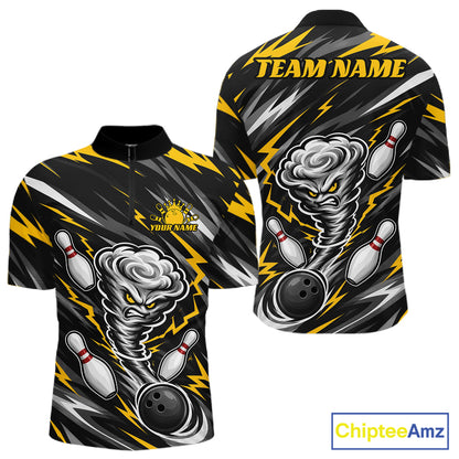 Custom Black And Yellow Storm Thunnder Lightning Bolts Bowling Team Men Quarter Zip Shirt IPHW11805