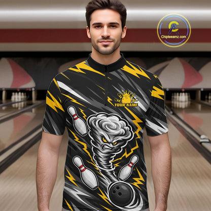 Custom Black And Yellow Storm Thunnder Lightning Bolts Bowling Team Men Quarter Zip Shirt IPHW11805