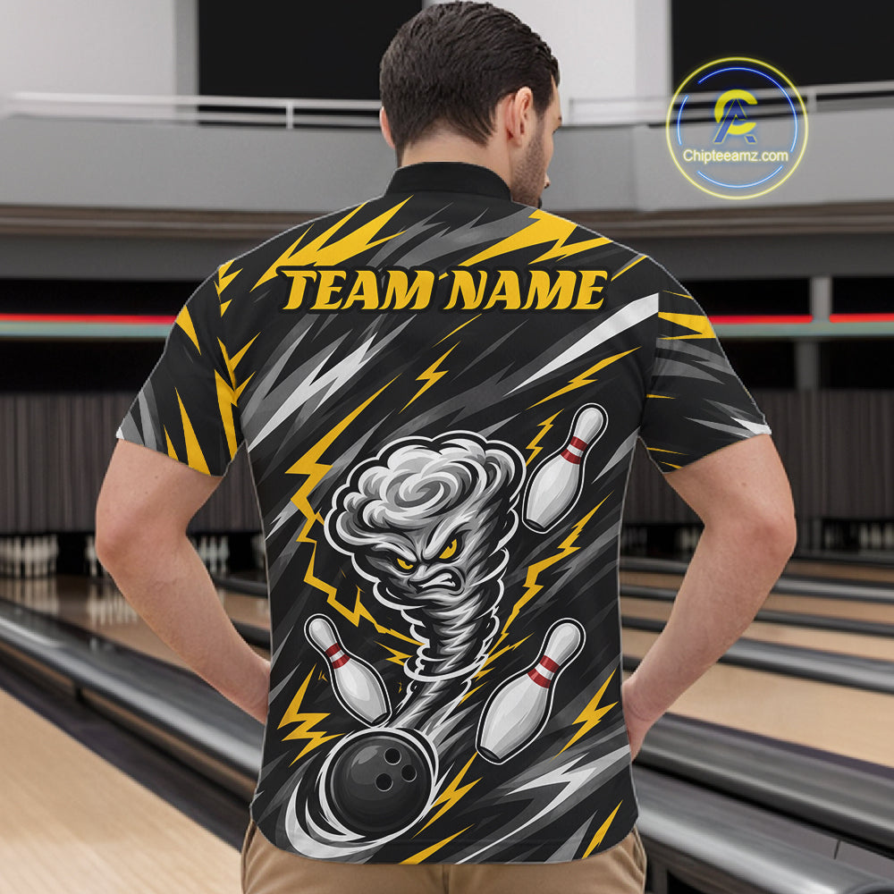 Custom Black And Yellow Storm Thunnder Lightning Bolts Bowling Team Men Quarter Zip Shirt IPHW11805