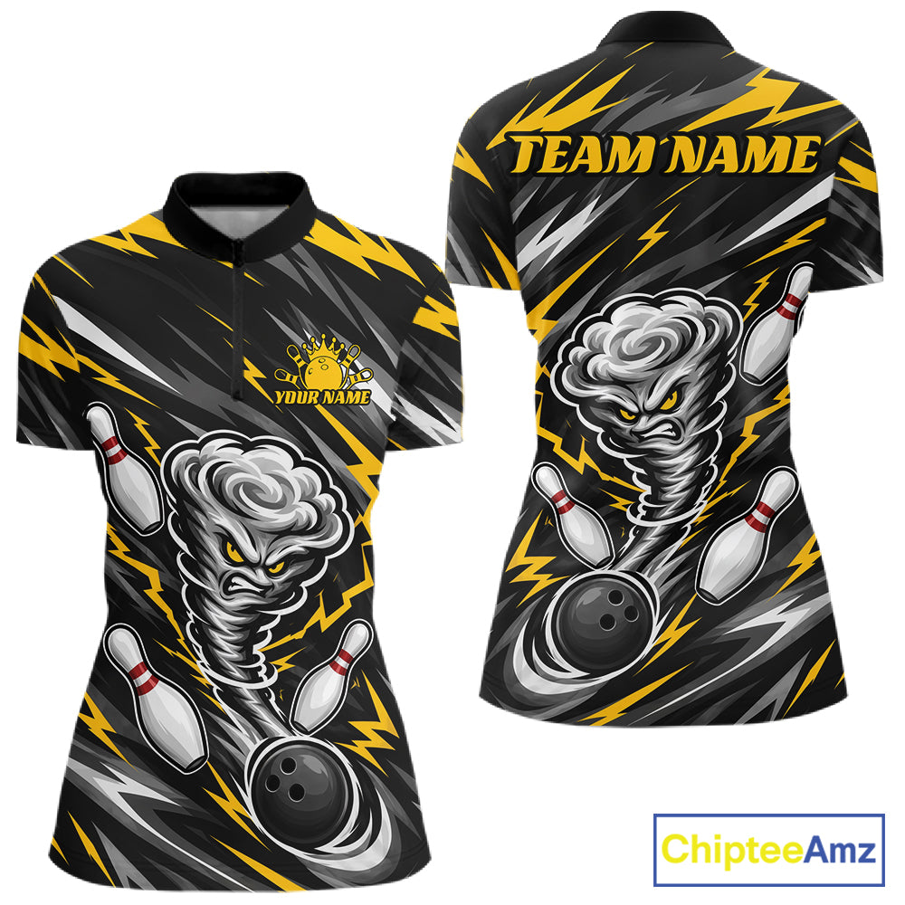 Custom Black And Yellow Storm Thunnder Lightning Bolts Bowling Women Quarter-Zip Shirt IPHW11805