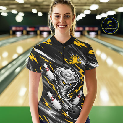 Custom Black And Yellow Storm Thunnder Lightning Bolts Bowling Women Quarter-Zip Shirt IPHW11805