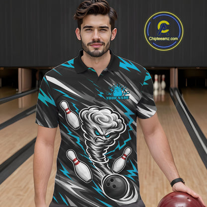 Custom Turquoise Blue Storm Thunnder Lightning Bolts Bowling Team Men Polo Shirt IPHW11806