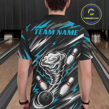 Custom Turquoise Blue Storm Thunnder Lightning Bolts Bowling Team Men Polo Shirt IPHW11806