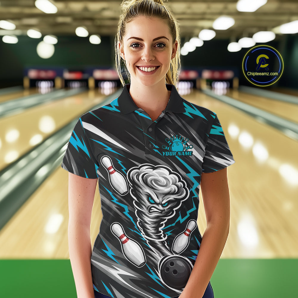 Custom Turquoise Blue Storm Thunnder Lightning Bolts Bowling Team Women Polo Shirt IPHW11806