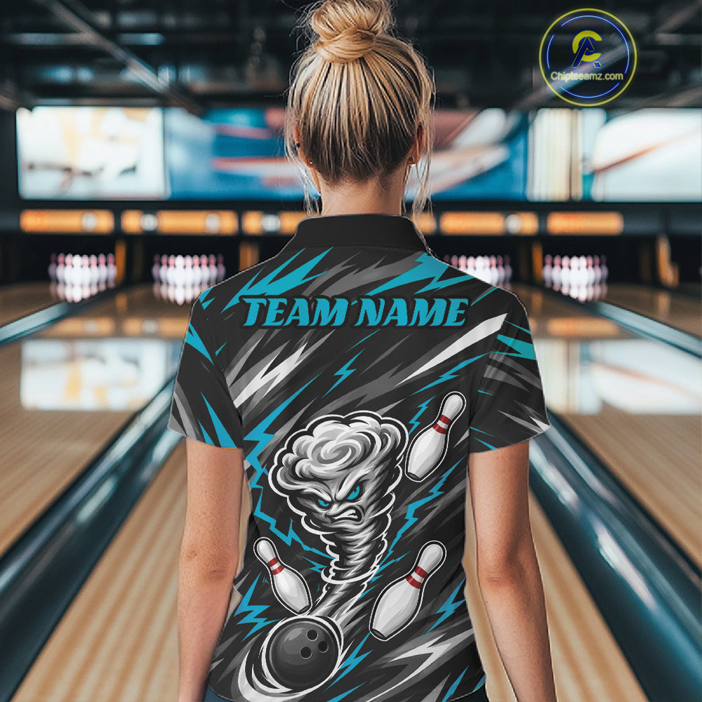 Custom Turquoise Blue Storm Thunnder Lightning Bolts Bowling Team Women Polo Shirt IPHW11806