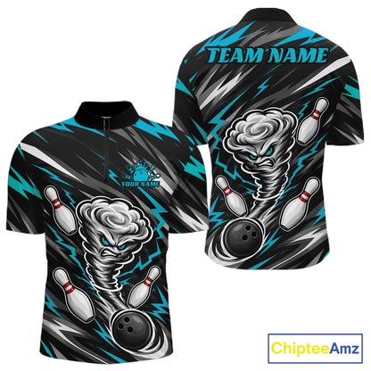Custom Turquoise Blue Storm Thunnder Lightning Bolts Bowling Team Men Quarter Zip Shirt IPHW11806
