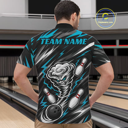 Custom Turquoise Blue Storm Thunnder Lightning Bolts Bowling Team Men Quarter Zip Shirt IPHW11806