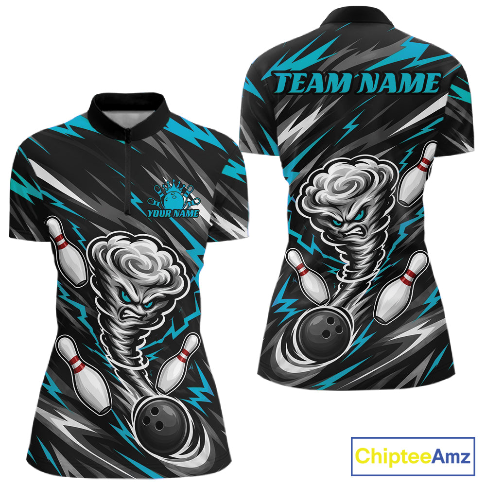 Custom Turquoise Blue Storm Thunnder Lightning Bolts Bowling Women Quarter-Zip Shirt IPHW11806