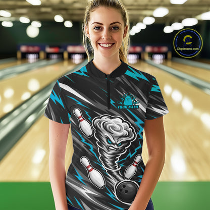 Custom Turquoise Blue Storm Thunnder Lightning Bolts Bowling Women Quarter-Zip Shirt IPHW11806
