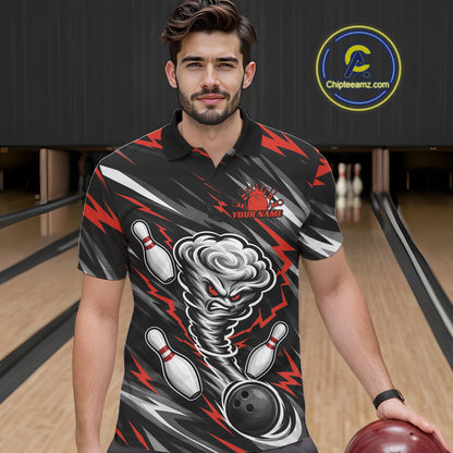 Custom Black And Red Storm Thunnder Lightning Bolts Bowling Team Men Polo Shirt IPHW11807