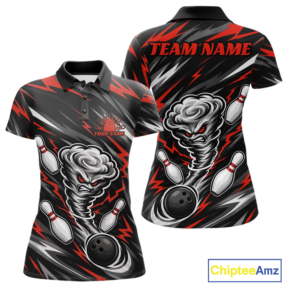Custom Black And Red Storm Thunnder Lightning Bolts Bowling Team Women Polo Shirt IPHW11807