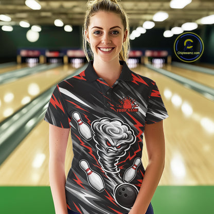Custom Black And Red Storm Thunnder Lightning Bolts Bowling Team Women Polo Shirt IPHW11807