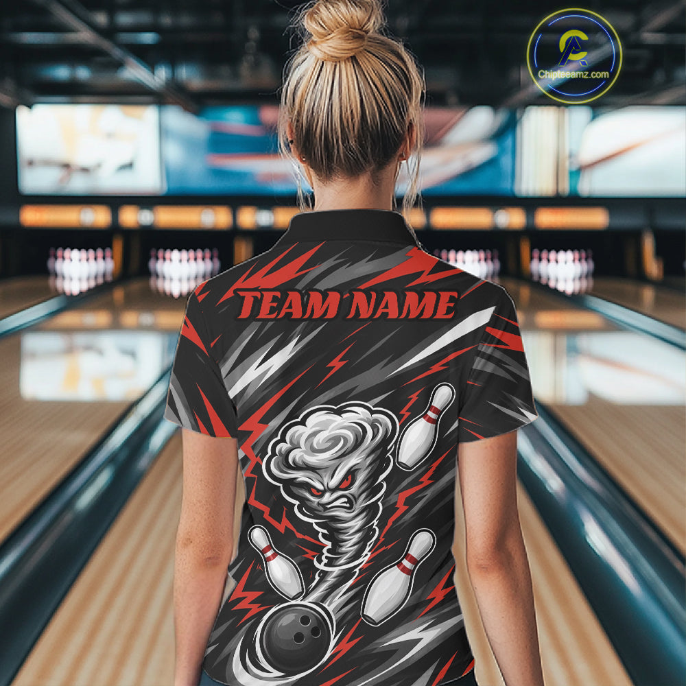 Custom Black And Red Storm Thunnder Lightning Bolts Bowling Team Women Polo Shirt IPHW11807