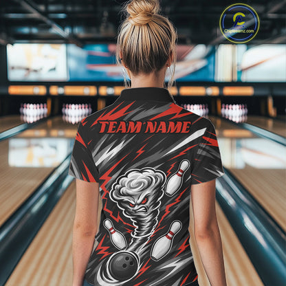 Custom Black And Red Storm Thunnder Lightning Bolts Bowling Team Women Polo Shirt IPHW11807