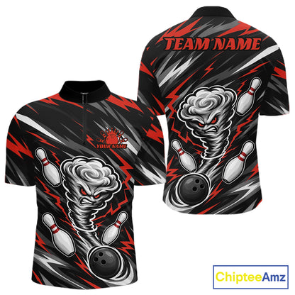 Custom Black And Red Storm Thunnder Lightning Bolts Bowling Team Men Quarter Zip Shirt IPHW11807
