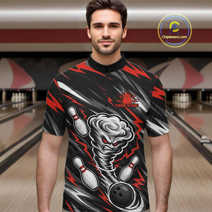 Custom Black And Red Storm Thunnder Lightning Bolts Bowling Team Men Quarter Zip Shirt IPHW11807