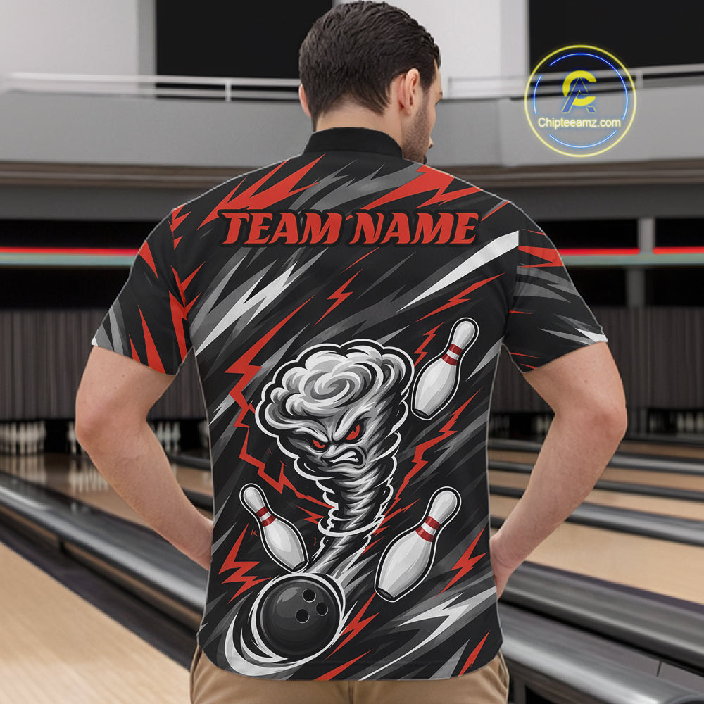 Custom Black And Red Storm Thunnder Lightning Bolts Bowling Team Men Quarter Zip Shirt IPHW11807